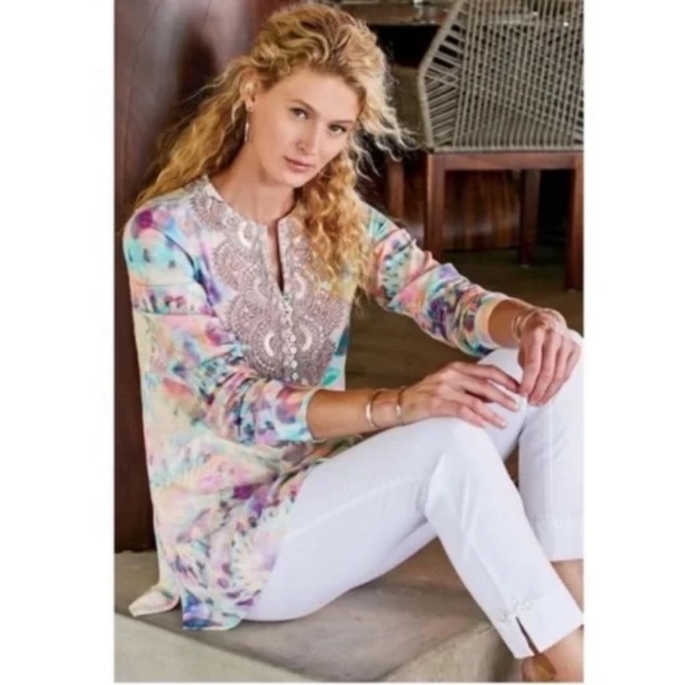 Soft Surroundings Bazille Tie Dye Sequin Beaded Tunic Top Size S